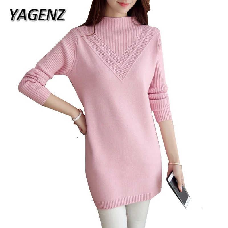 2021 Autumn Winter Women Long-sleeved Knit Sweater Warm Slim Turtleneck Solid color Pullover Shirt Medium long Lady | Женская одежда