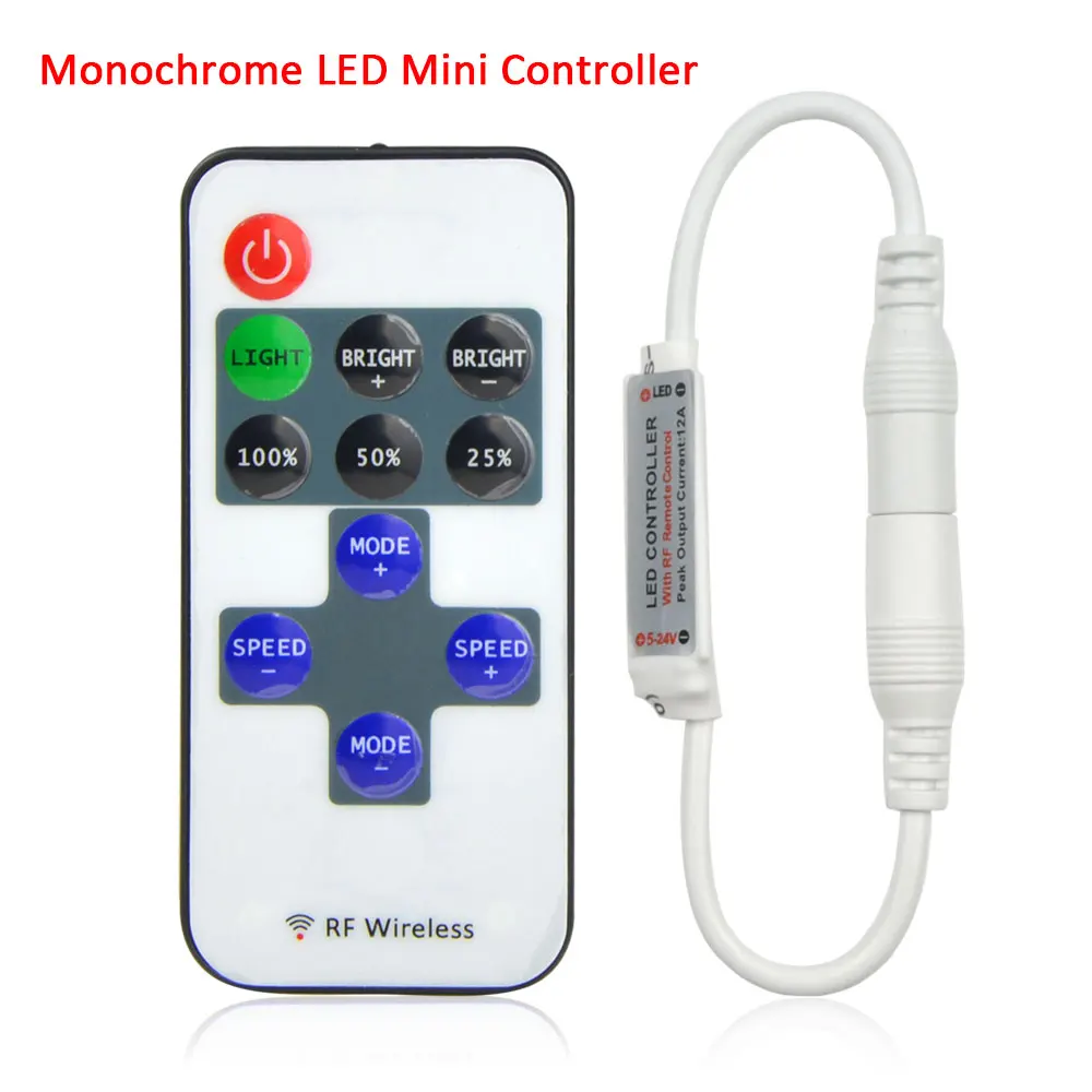 12V DC LED Controller with 11 Keys Wireless RF Remoter Control for Single Color Strip Light 5050/2835/5630 5.5mm*2.1mm
12V DC LED Controller with 11 Keys Wireless RF Remoter Control for Single Color Strip Light 5050/2835/5630 5.5mm*2.1mm