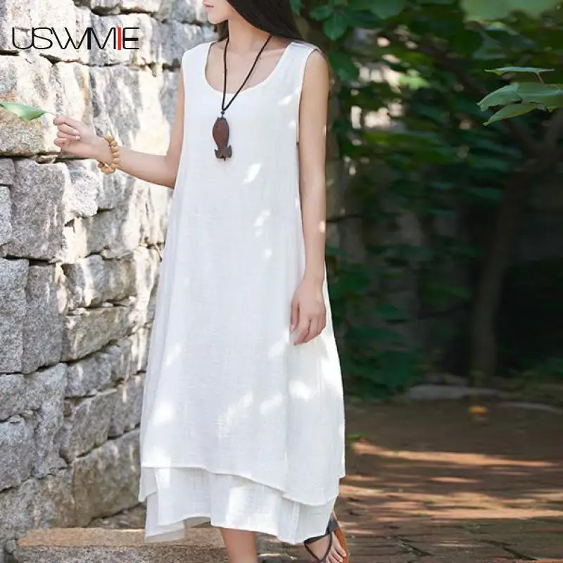 USWMIE 2018 Summer Women Dress Literary Joker Simple Sleeveless O-neck Flax Vestidos Solid Color Irregular Hem Waistcoat Dress
USWMIE 2018 Summer Women Dress Literary Joker Simple Sleeveless O-neck Flax Vestidos Solid Color Irregular Hem Waistcoat Dress