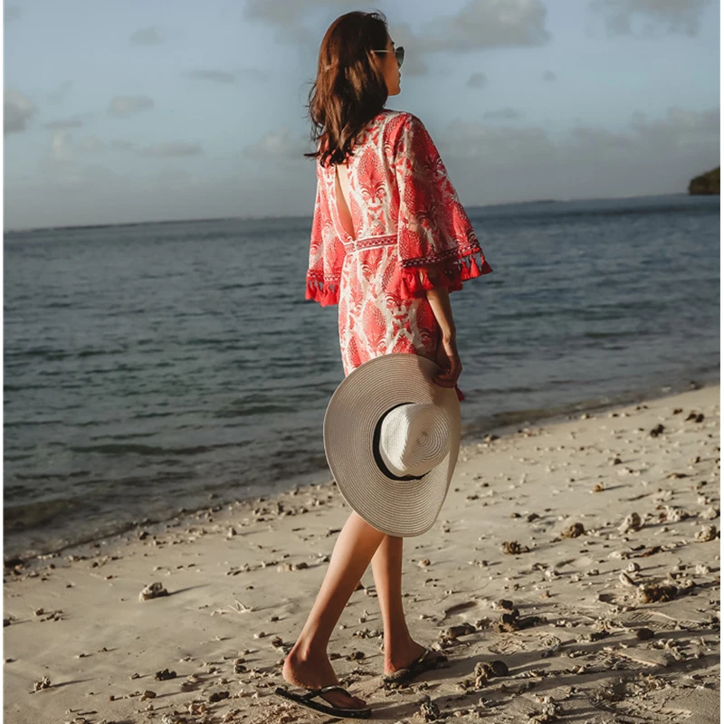 Plegie 2019 модный пляжный стиль бохо красный и белый фарфоровый принт кисточка