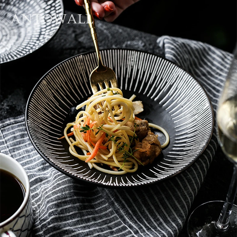 ANTOWALL Japanese style salad bowl restaurant retro strip black and white fruit noodle bowl shallow bowl ceramic tableware
ANTOWALL Japanese style salad bowl restaurant retro strip black and white fruit noodle bowl shallow bowl ceramic tableware