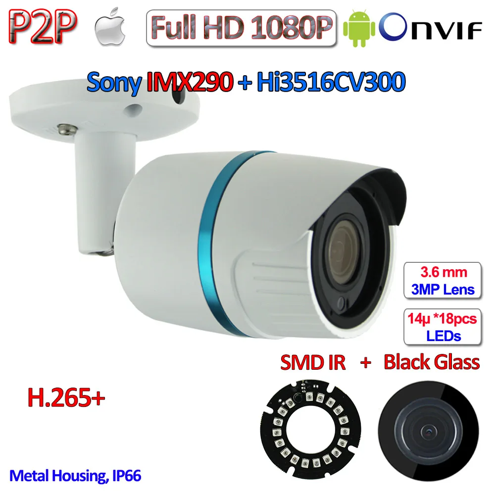 

BEST H.265+ P2P 2MP Mini IP Camera Onvif Hisilicon 1080P IMX290 IP Camera Outdoor, H.264, IR-CUT, PoE optional, 3.6mm Lens, WDR