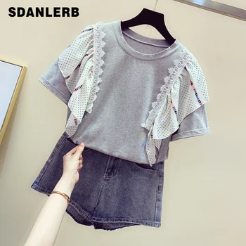 Lotus Edge Lace and Chiffon Stitching Short Sleeve T-shirt Women's Loose Summer Shirts Students Grey T Shirt Tees Tops
Lotus Edge Lace and Chiffon Stitching Short Sleeve T-shirt Women's Loose Summer Shirts Students Grey T Shirt Tees Tops