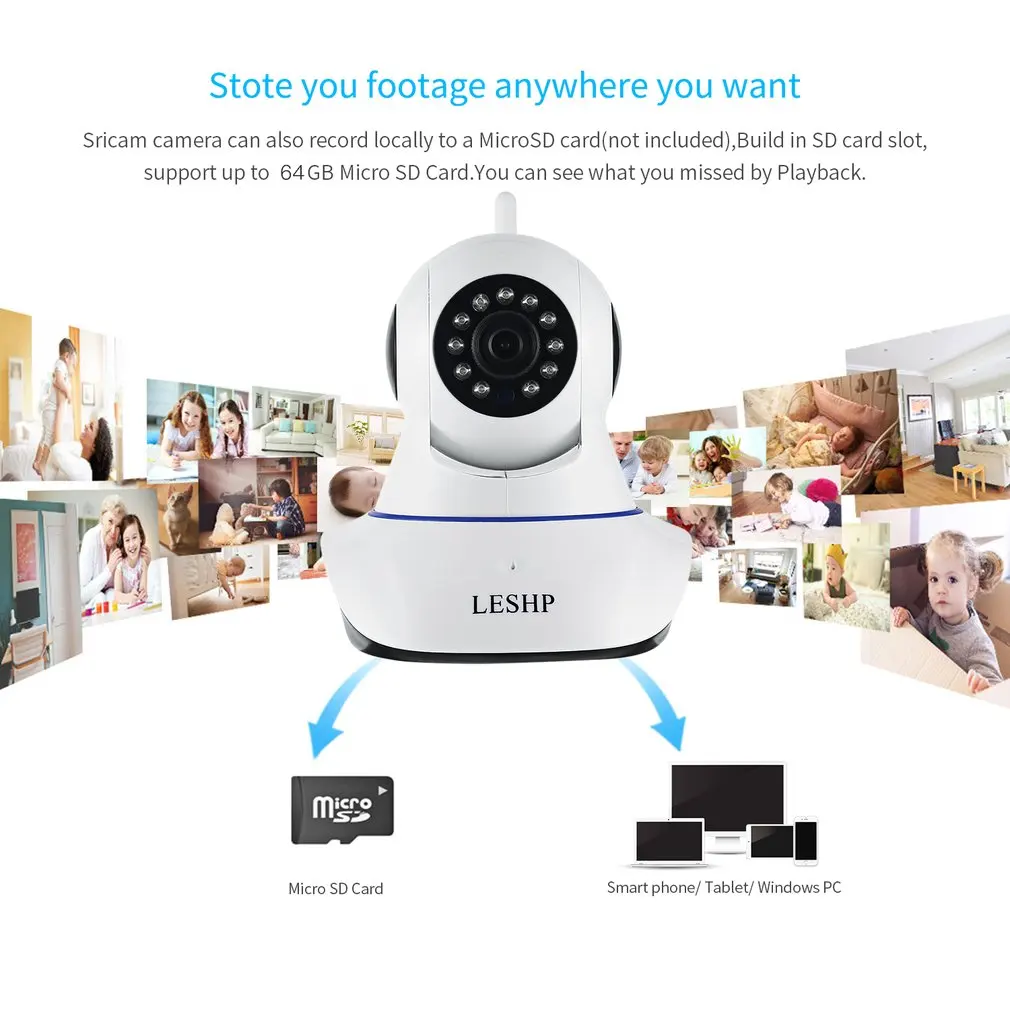LESHP Indoor HD 1080P Wireless Network IP Alarm Camera 2MP 1920 * 1080 Plug & Play Night Vision 4pcs Infrared LED US Plug 
LESHP Indoor HD 1080P Wireless Network IP Alarm Camera 2MP 1920 * 1080 Plug & Play Night Vision 4pcs Infrared LED US Plug