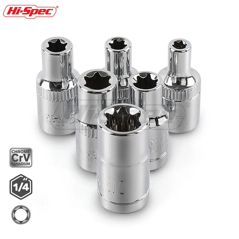 Hi-Spec 6pc 1/4 E Star Torx Socket Set CR-V Hex Socket Adapter Universal Head for Torque Spanner Mini Ratchet Socket Wrench
Hi-Spec 6pc 1/4 E Star Torx Socket Set CR-V Hex Socket Adapter Universal Head for Torque Spanner Mini Ratchet Socket Wrench