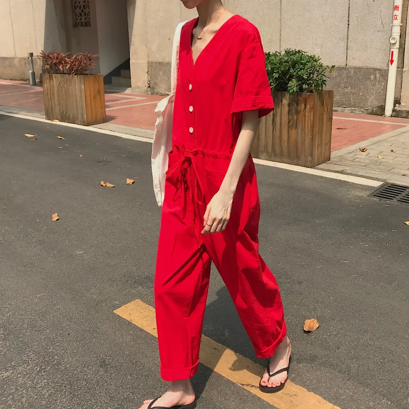 Rompers Womens Summer Handsome V Neck Shirt Jumpsuit Drawstring Playsuits Pockets Casual Loose Plus Size Combinaison Femme
Rompers Womens Summer Handsome V Neck Shirt Jumpsuit Drawstring Playsuits Pockets Casual Loose Plus Size Combinaison Femme