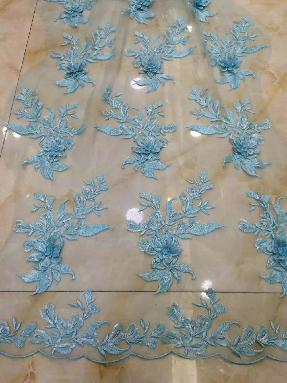 

5yards /lot hts002# blue 3d luxury sequin flower best quality embroidery tulle mesh lace fabric for evening dress/wedding