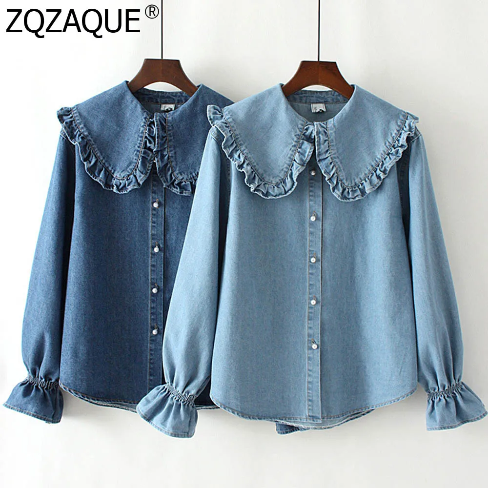 New Korean Style Girls Denim Shirts Cute Peterpan Collar Long Sleeve Women's Denim Blouse All-match Ruffles Bottom Tops SY1977
New Korean Style Girls Denim Shirts Cute Peterpan Collar Long Sleeve Women's Denim Blouse All-match Ruffles Bottom Tops SY1977