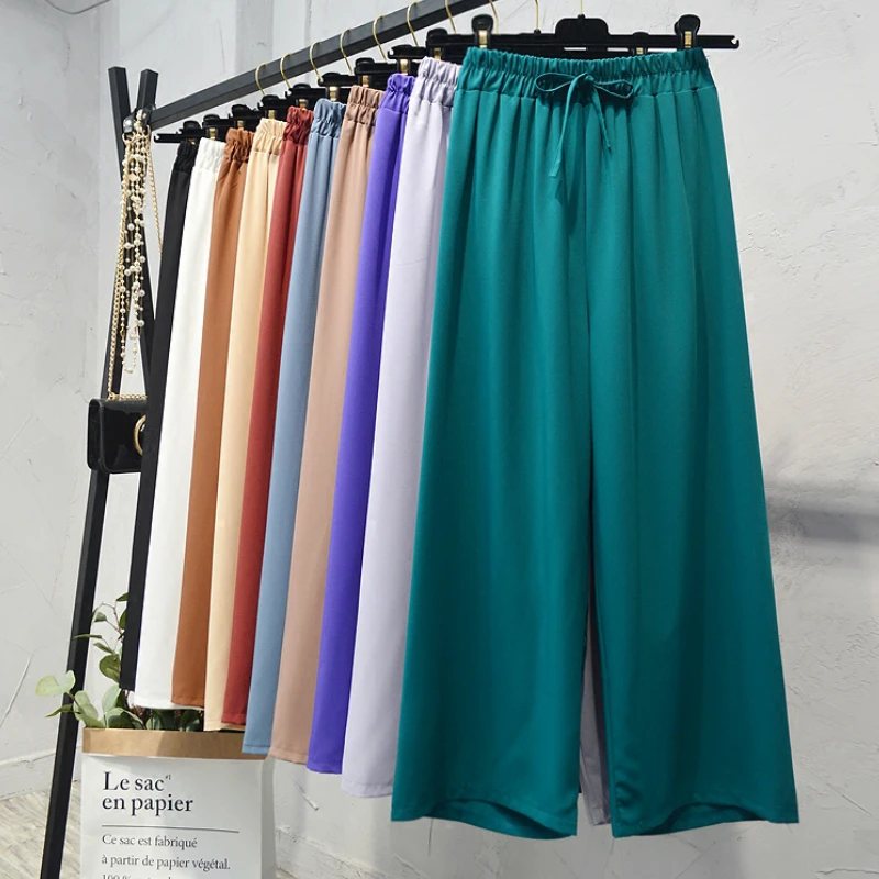 Summer Chiffon Wide Legged Pants Female Solid Sashes Elastic Waist Chiffon Loose Casual Ankle Pants Trousers for Women
Summer Chiffon Wide Legged Pants Female Solid Sashes Elastic Waist Chiffon Loose Casual Ankle Pants Trousers for Women
