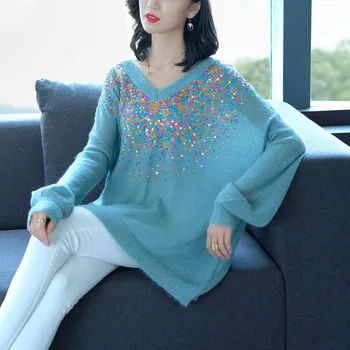 2018 autumn new color sequined knit sweater women fashion V-neck loose thin pullover top in the long section
2018 autumn new color sequined knit sweater women fashion V-neck loose thin pullover top in the long section