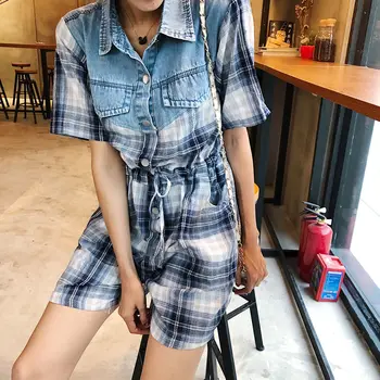 Summer Jumpsuits Women Rompers Plaid Denim Spliced Patchwork Casual Short Sleeve Casual Pant Jumpsuit Playsuits Overalls CC259
Summer Jumpsuits Women Rompers Plaid Denim Spliced Patchwork Casual Short Sleeve Casual Pant Jumpsuit Playsuits Overalls CC259