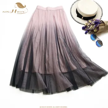 

SISHION 2019 Gradient Color Summer Tulle Skirt Women QY0016 High Waist Pleated Long Skirt Female A-line Gray Pink Apricot Skirts