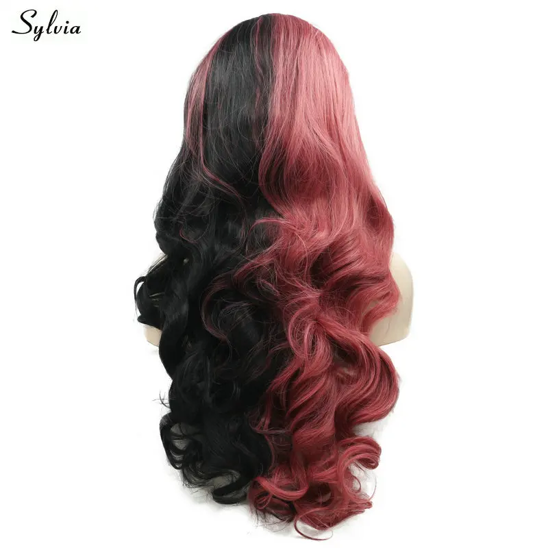 new style fashion wig synthetic lace front wig heat resisitant fiber half black and half red rock wig for women (2)