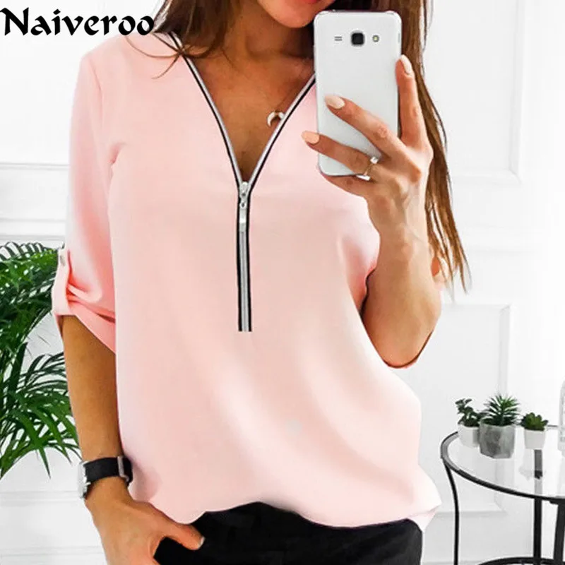 Spring Summer Women Chiffon Blouse 2019 V Collar Zipper Large Size 3XL Long Sleeves Loose Shirt Blouse Blusa Feminina
Spring Summer Women Chiffon Blouse 2019 V Collar Zipper Large Size 3XL Long Sleeves Loose Shirt Blouse Blusa Feminina