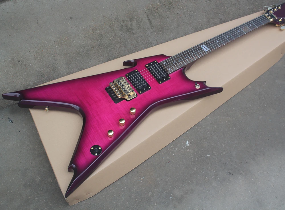 Factory Custom Purple Unusual Shape Electric Guitar with Flame Maple Veneer,Tremolo,Blade Inlay,offering customized services
Factory Custom Purple Unusual Shape Electric Guitar with Flame Maple Veneer,Tremolo,Blade Inlay,offering customized services
