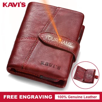 KAVIS-무료 각인 정품 가죽 지갑 여성용, 동전 지갑, 지갑, 포트모니, 레이디 카드 홀더, 매직 지갑, 명함용