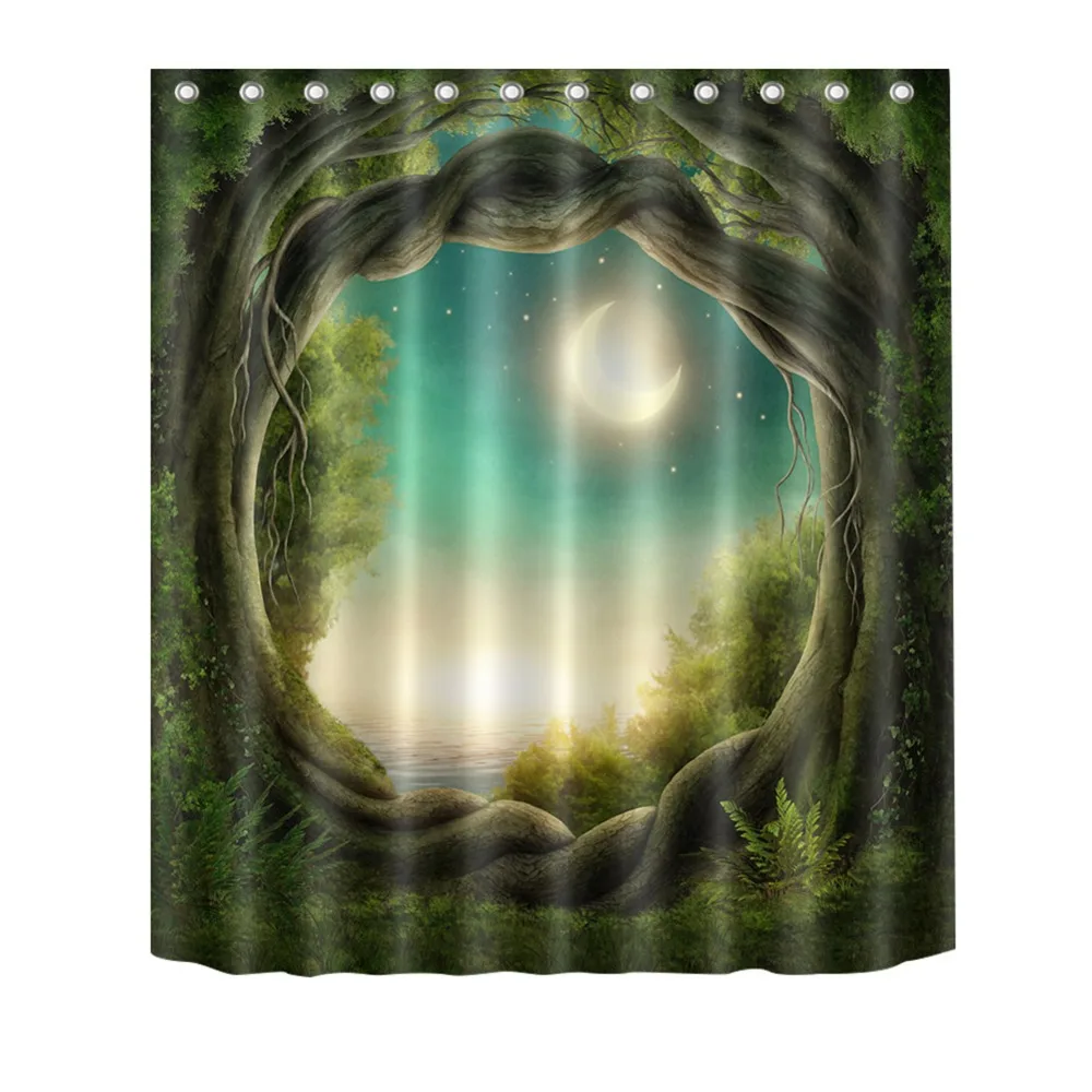 72'' Wonderland Tree Hole Sunset And Moon Stars Bathroom Waterproof Fabric Shower Curtain Polyester 12 Hooks Bath Accessory Sets | Дом и