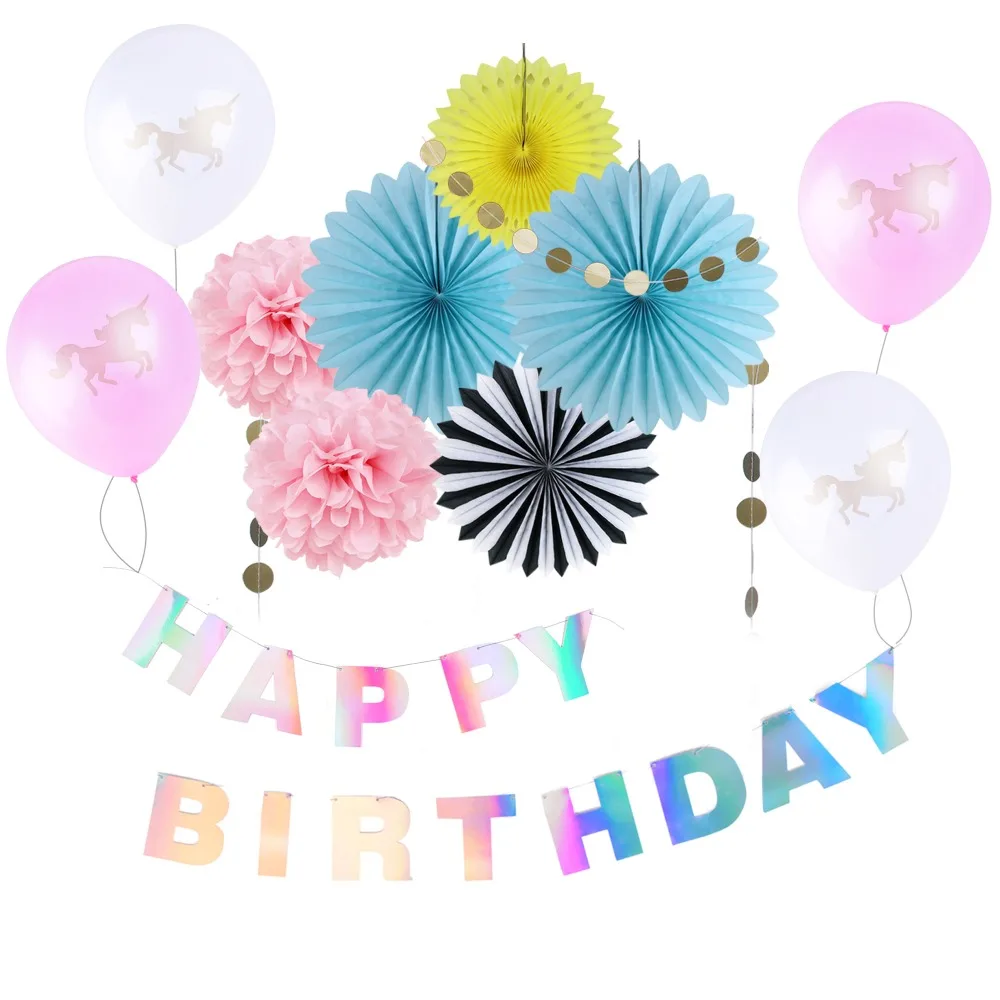 Holographic Film Birthday Decoration Kit Party Banner Photo Pooth Props Unicorn Balloons Paper Fans Pom Poms for Girl's Birthday
Holographic Film Birthday Decoration Kit Party Banner Photo Pooth Props Unicorn Balloons Paper Fans Pom Poms for Girl's Birthday