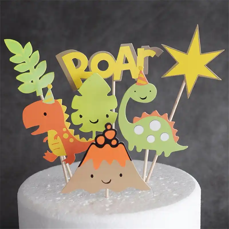 Omilut 24pcs Dinosaur Cake Topper Dinosaur Diy Cake Flag Cartoon