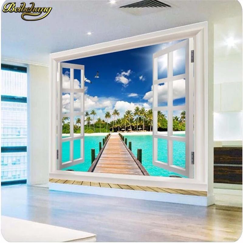 

beibehang photo wallpaper 3d flooring wall paper Nature background Beach Ocean View window blue sky clouds large mural painting