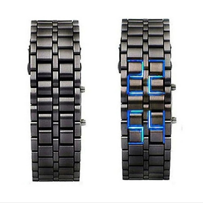 Модные черные полностью металлические цифровые наручные часы Lava железные