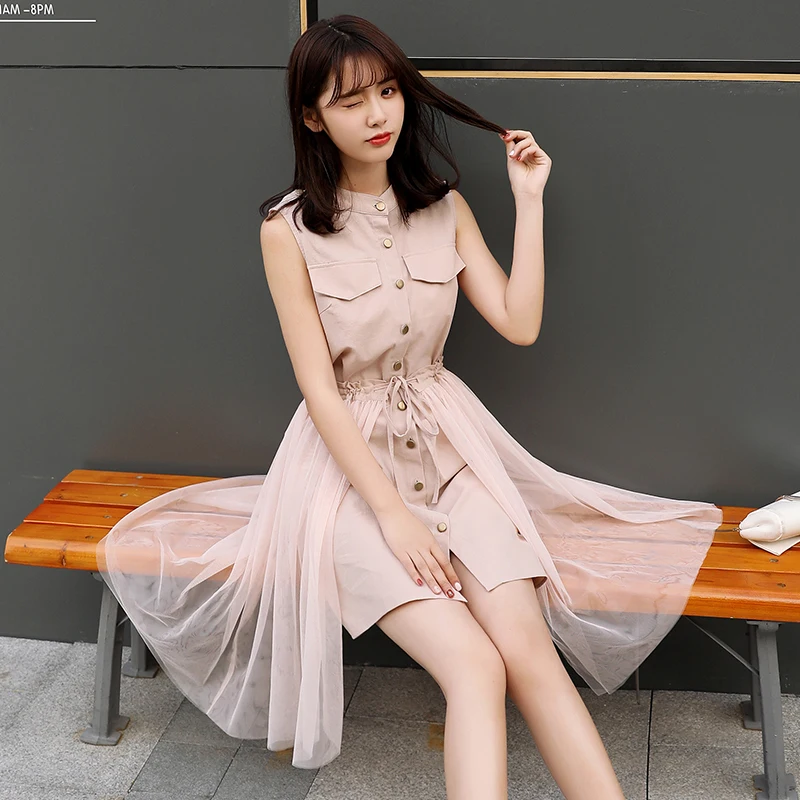 Women New Fashion Two Pieces Sleeveless Elegant Mesh Dress Plus Size Stand Collar Khaki Dress Vestidos Robe Femme Mujer
Women New Fashion Two Pieces Sleeveless Elegant Mesh Dress Plus Size Stand Collar Khaki Dress Vestidos Robe Femme Mujer
