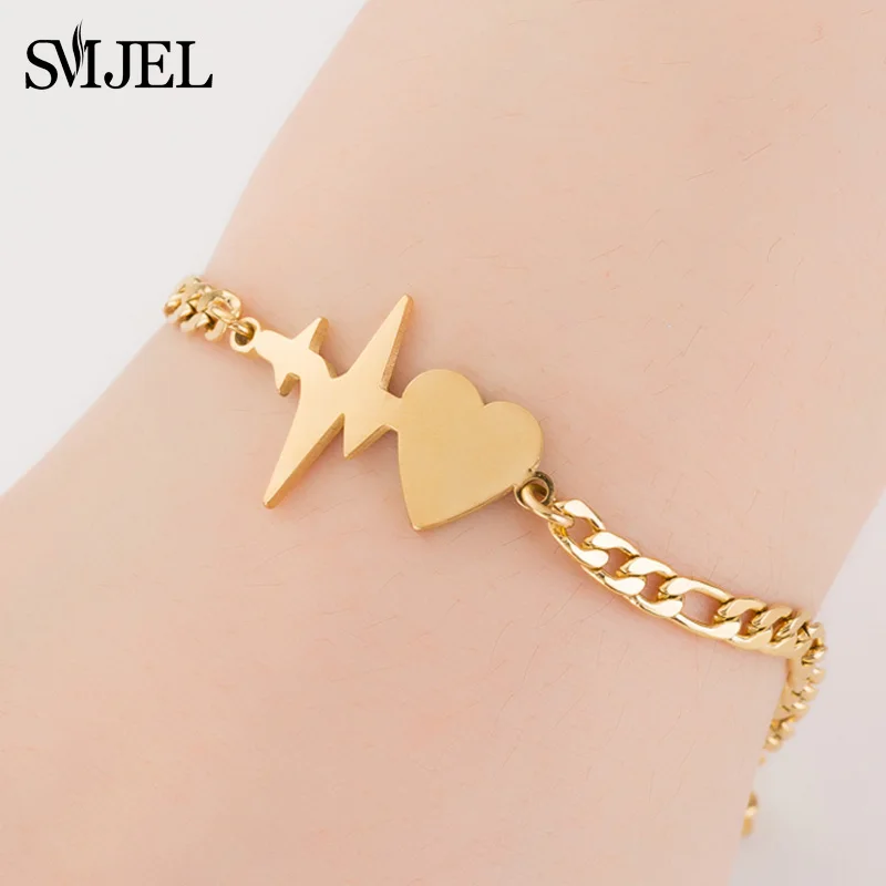 

SMJEL Gold Heartbeat Bracelets for Nurse/Doctor Gift ECG Stainless Steel Chain Bracelet Bangle Women Heart Love Jewelry