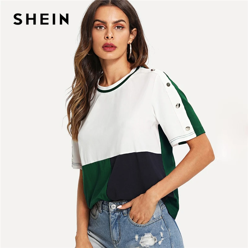 SHEIN Multicolor Colorblock Buttoned Sleeve Cut and Sew T-shirt Short Sleeve Round Neck 2019 Summer Casual Women Tee Tops
SHEIN Multicolor Colorblock Buttoned Sleeve Cut and Sew T-shirt Short Sleeve Round Neck 2019 Summer Casual Women Tee Tops