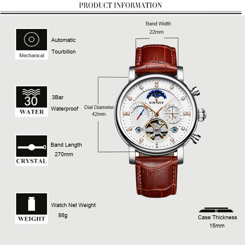 010KINYUED Mechanical Tourbillon Men Watches Luxury Fashion Brand Moon Phase Buckle Water Resistant Watch Multifunctional Timepiece (9)