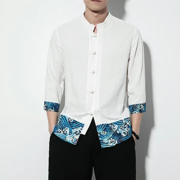 Chinese style linen summer long-sleeved collar shirt / Harajuku breathable wave stitching print seven-point sleeve shirt men
Chinese style linen summer long-sleeved collar shirt / Harajuku breathable wave stitching print seven-point sleeve shirt men