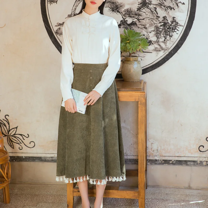 2 Colors Solid Corduroy Mori Girl Long Skirt Elastic Waist Empire Loose Casual Skirts With Tassel For Large Size Women #7498
2 Colors Solid Corduroy Mori Girl Long Skirt Elastic Waist Empire Loose Casual Skirts With Tassel For Large Size Women #7498