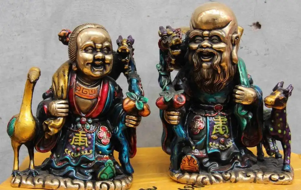 9 Chinese Folk Copper Bronze Painted Longevity god In-laws Buddha Statue Pair
9 Chinese Folk Copper Bronze Painted Longevity god In-laws Buddha Statue Pair