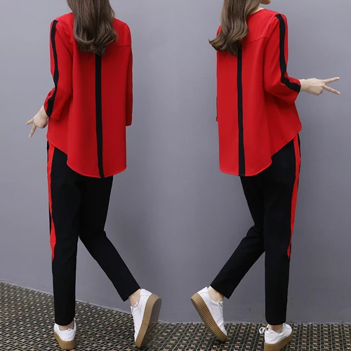 

Korean Brief Striped Femininas 2 Pcs Set Fashion V Neck Patchwork Twinset Plus Size Casual Fashion Two Piece Set
