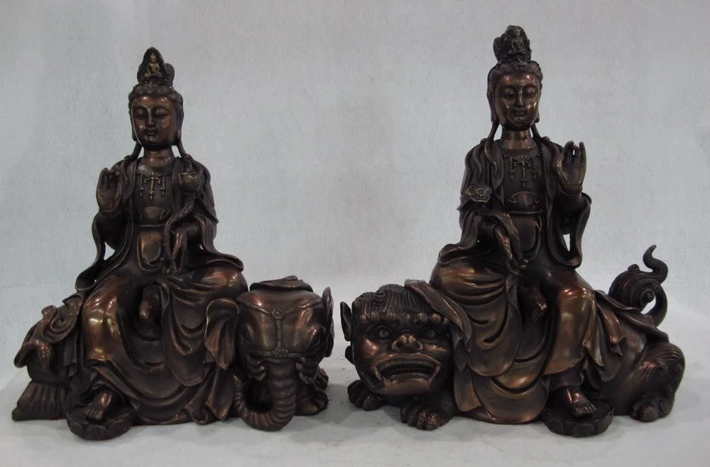 Tibet Copper Bronze Manjusri and Samantabhadra Bodhisattva Kwan-Yin GuanYin Pair
Tibet Copper Bronze Manjusri and Samantabhadra Bodhisattva Kwan-Yin GuanYin Pair