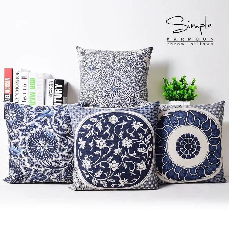 

Hot Oriental Blue Floral Cushion Cover Pillow Case Linen Chinese Flower Decorative Throw Pillows Cases Car Home Couch Decor 18"