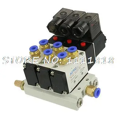 AC 220V 2 Positions 5 Way Triple Solenoid Valve Base 6mm Quick Fittings Mufflers