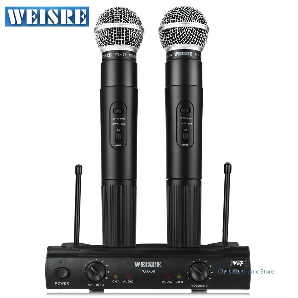 Professional WEISRE PGX58 Wireless System Dual Handheld 2 x Mic Cordless Receiverfor Karaoke Party KTV VHF Microphone
Professional WEISRE PGX58 Wireless System Dual Handheld 2 x Mic Cordless Receiverfor Karaoke Party KTV VHF Microphone
