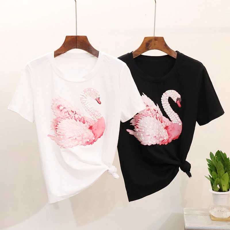 2018 Summer New Fashion Women's Swan Sequins Short Sleeved T-shirt Casual Student Female Loose Tees Cotton Tops
2018 Summer New Fashion Women's Swan Sequins Short Sleeved T-shirt Casual Student Female Loose Tees Cotton Tops