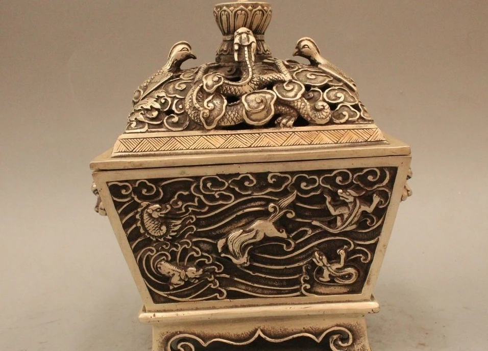 8"Marked Chinese Dynasty Palace Silver Dragon phoenix Incense Burner Censer
