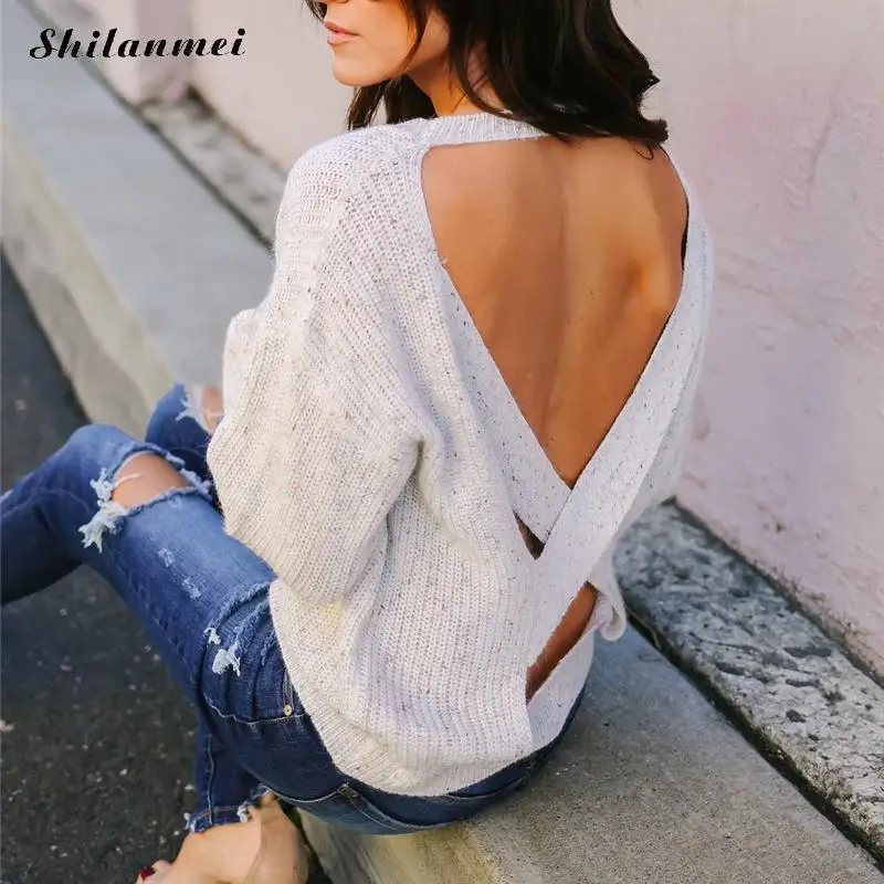 Sexy Backless Bandage Casual Knitted Sweater Women Long Sleeve White Solid Pullovers Loose 2019 Autumn Fashion Sweater Pullovers
Sexy Backless Bandage Casual Knitted Sweater Women Long Sleeve White Solid Pullovers Loose 2019 Autumn Fashion Sweater Pullovers