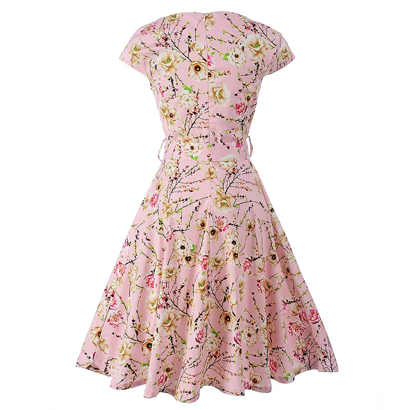 Kostlish Floral Print Summer Sundress 2017 Short Sleeve Belt Tunic Vintage Dress Women Elegant Swing Rockabilly Party Dresses (10)
