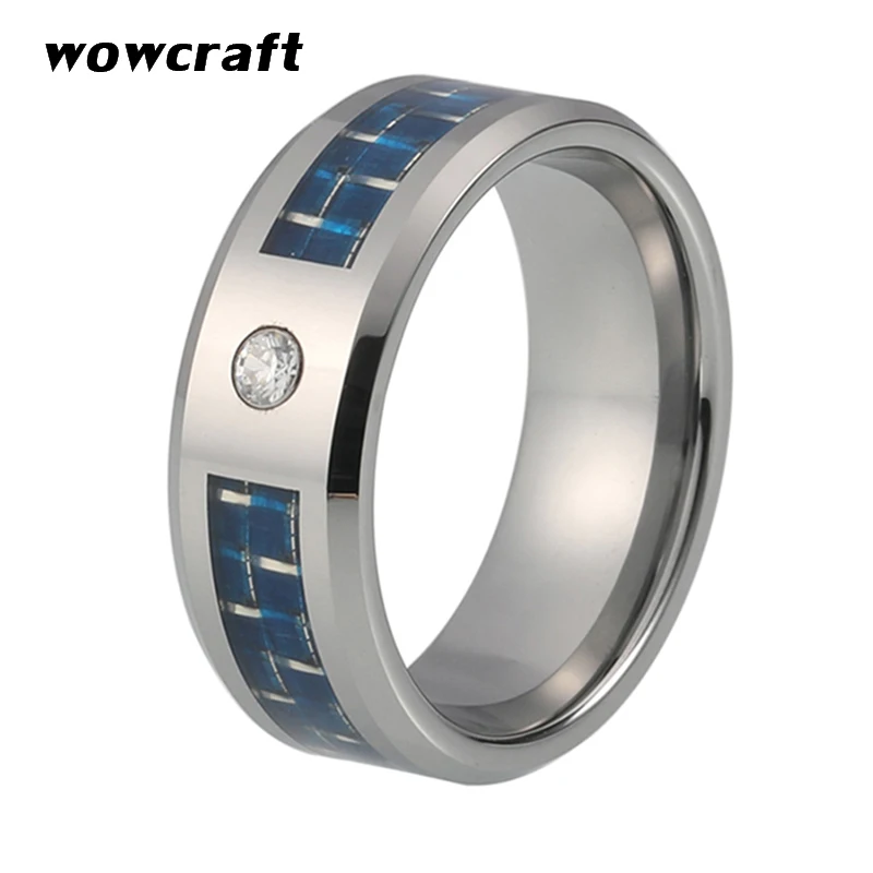 Womens Mens Tungsten Carbide Ring One White CZ Stone Setting Blue Silver Carbon Fiber Inlay Polished Finish with Bevels
Womens Mens Tungsten Carbide Ring One White CZ Stone Setting Blue Silver Carbon Fiber Inlay Polished Finish with Bevels