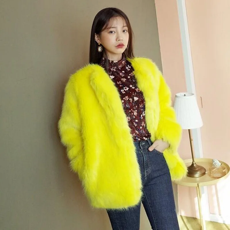 

TXJRH Stylish Long Hairy Long Sleeve Shaggy Faux Fox Fur Coat 2018 Woman Yellow Faux Fur Jackets Outerwear Warm