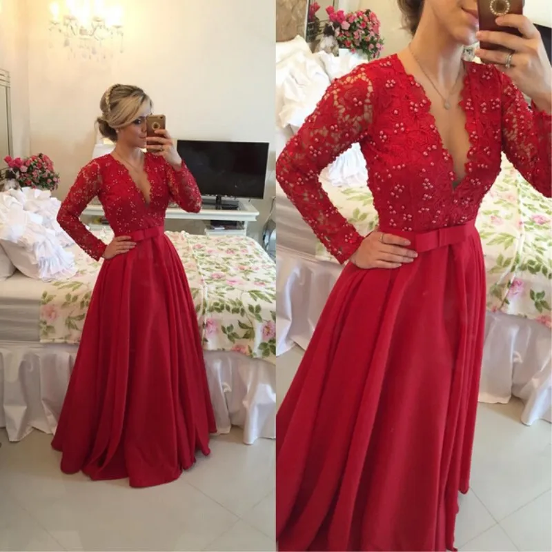 2017 Long Sleeve A Line Evening Dresses Sexy V Neck Sheer Back Lace Party Prom Gowns Custom Made
2017 Long Sleeve A Line Evening Dresses Sexy V Neck Sheer Back Lace Party Prom Gowns Custom Made