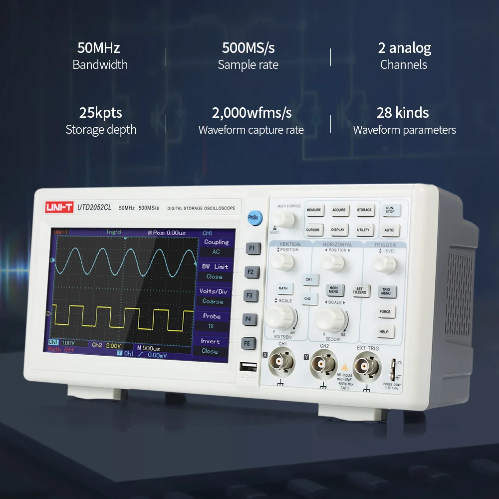 UNI-T UTD2052CL Oscilloscope Oscillometer Digital Storage Oscilloscope 2CH 50MHz 500MS/s 7" TFT Display
UNI-T UTD2052CL Oscilloscope Oscillometer Digital Storage Oscilloscope 2CH 50MHz 500MS/s 7" TFT Display