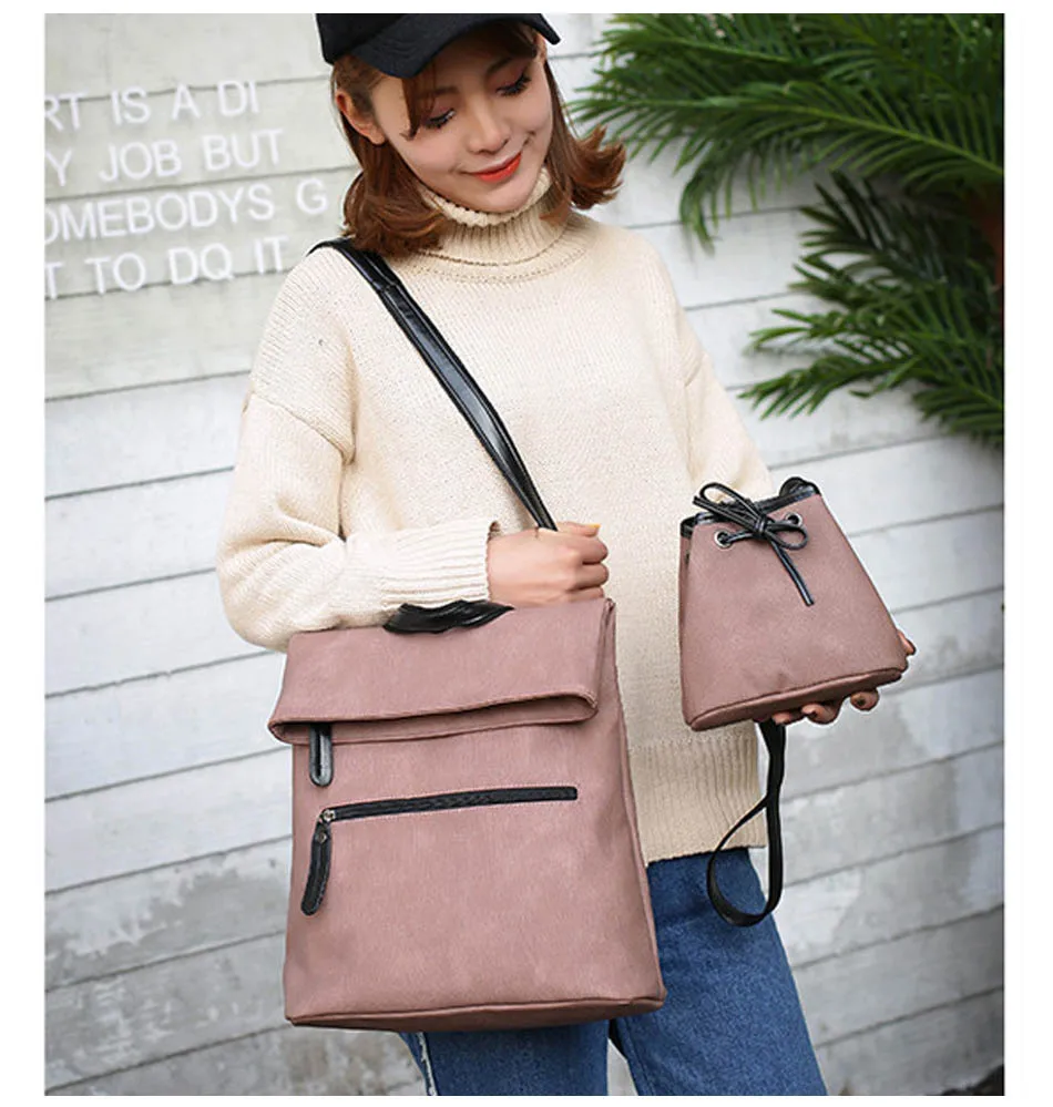 iStylishMall- 2 PCS/SET Vintage Backpack Women PU Leather Backpacks with Shoulder Bag School Bags for Teenagers Black Female mochila