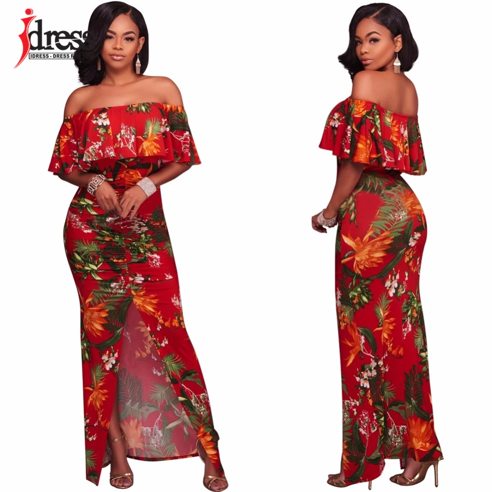 IDress New Sexy Slash Neck Strapless Pattern Floral Split Women Maxi Dresses Off the Shoulder Ruffles Print Long Dress Vestidos (6)
