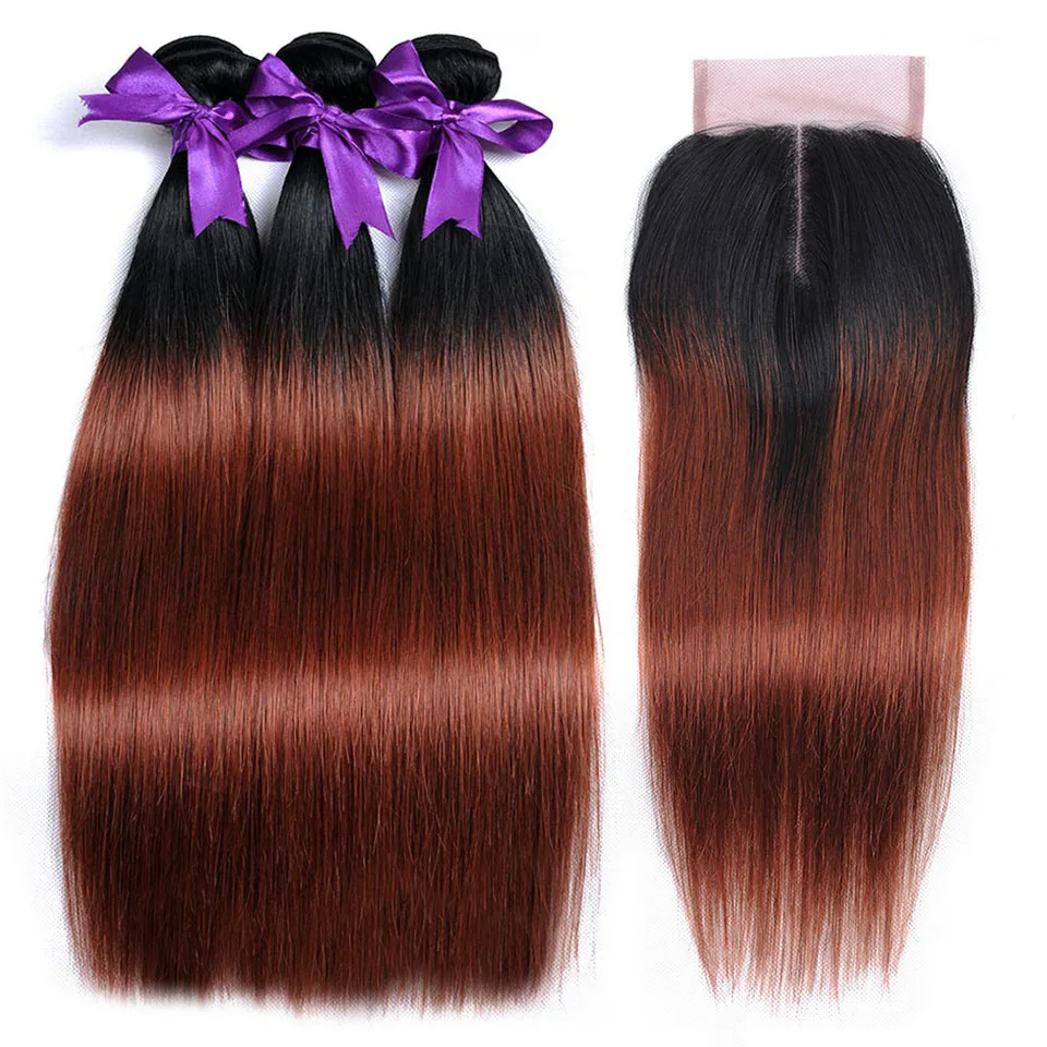 Ombre Bundles With Closure Peruvian Straight Hair 1b 33 Dark Red Human Hair Bundles With Closure Pinshair Nonremy Hair No Tangle