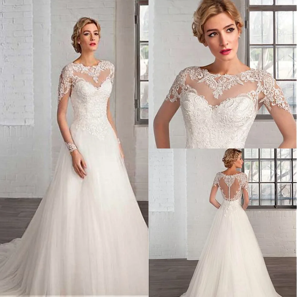 Elegant Tulle Bateau Neckline A-line Wedding Dresses with Lace Appliques Long Sleeve Bridal Gowns Robe De Mariage
Elegant Tulle Bateau Neckline A-line Wedding Dresses with Lace Appliques Long Sleeve Bridal Gowns Robe De Mariage