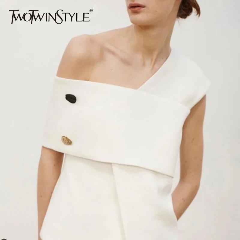 TWOTWINSTYLE Irregular T Shirt For Women Off Shoulder Patchwork High Waist Pullover Tops 2019 Spring Summer Elegant Clothing
TWOTWINSTYLE Irregular T Shirt For Women Off Shoulder Patchwork High Waist Pullover Tops 2019 Spring Summer Elegant Clothing
